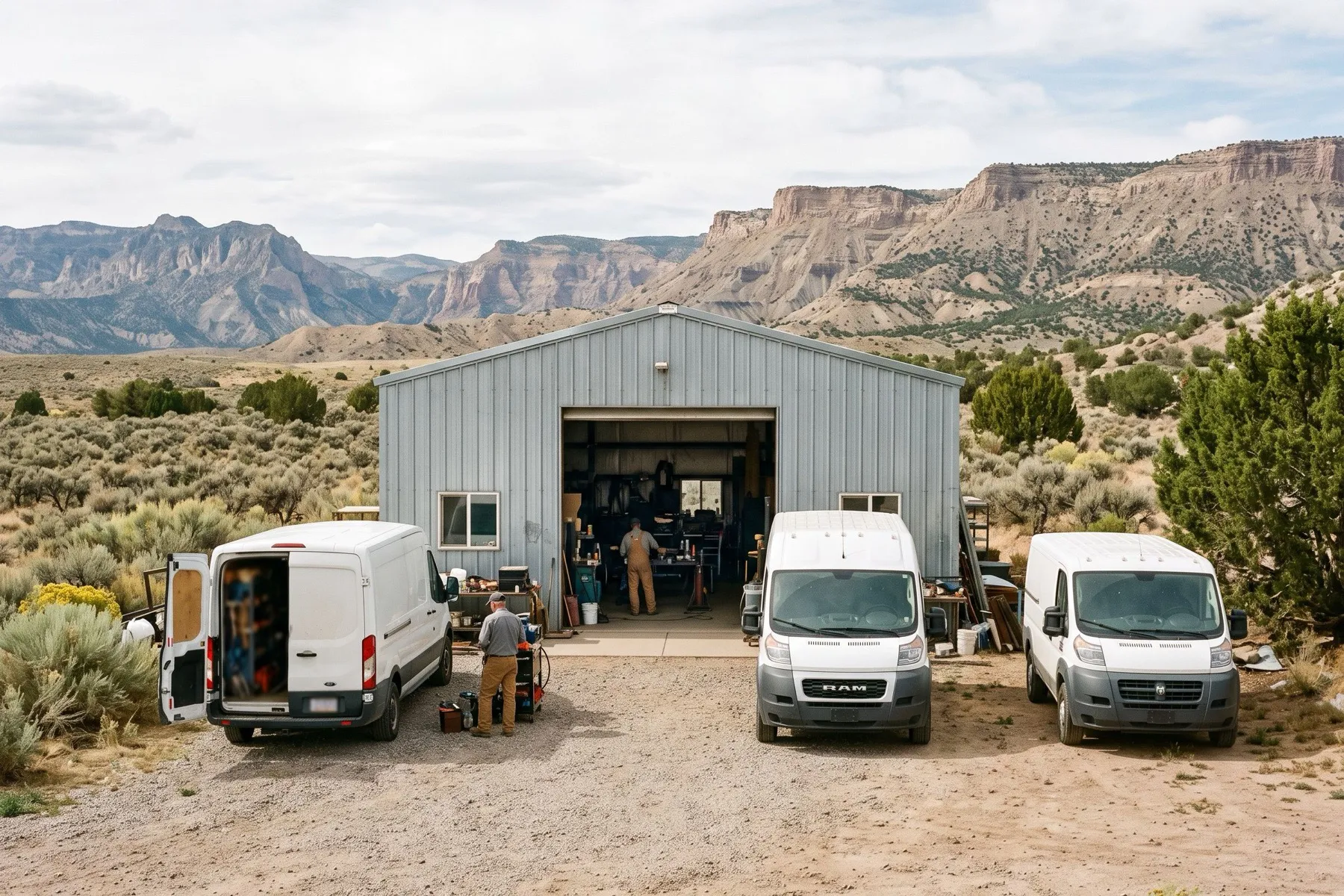 The Juniper shop: a metal building with an open bay door, three service vans parked out front, mesas behind