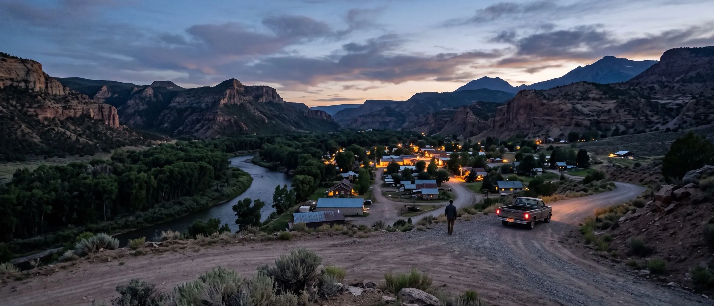 A small valley town at dusk seen from a mesa road, a river and cottonwoods running through it