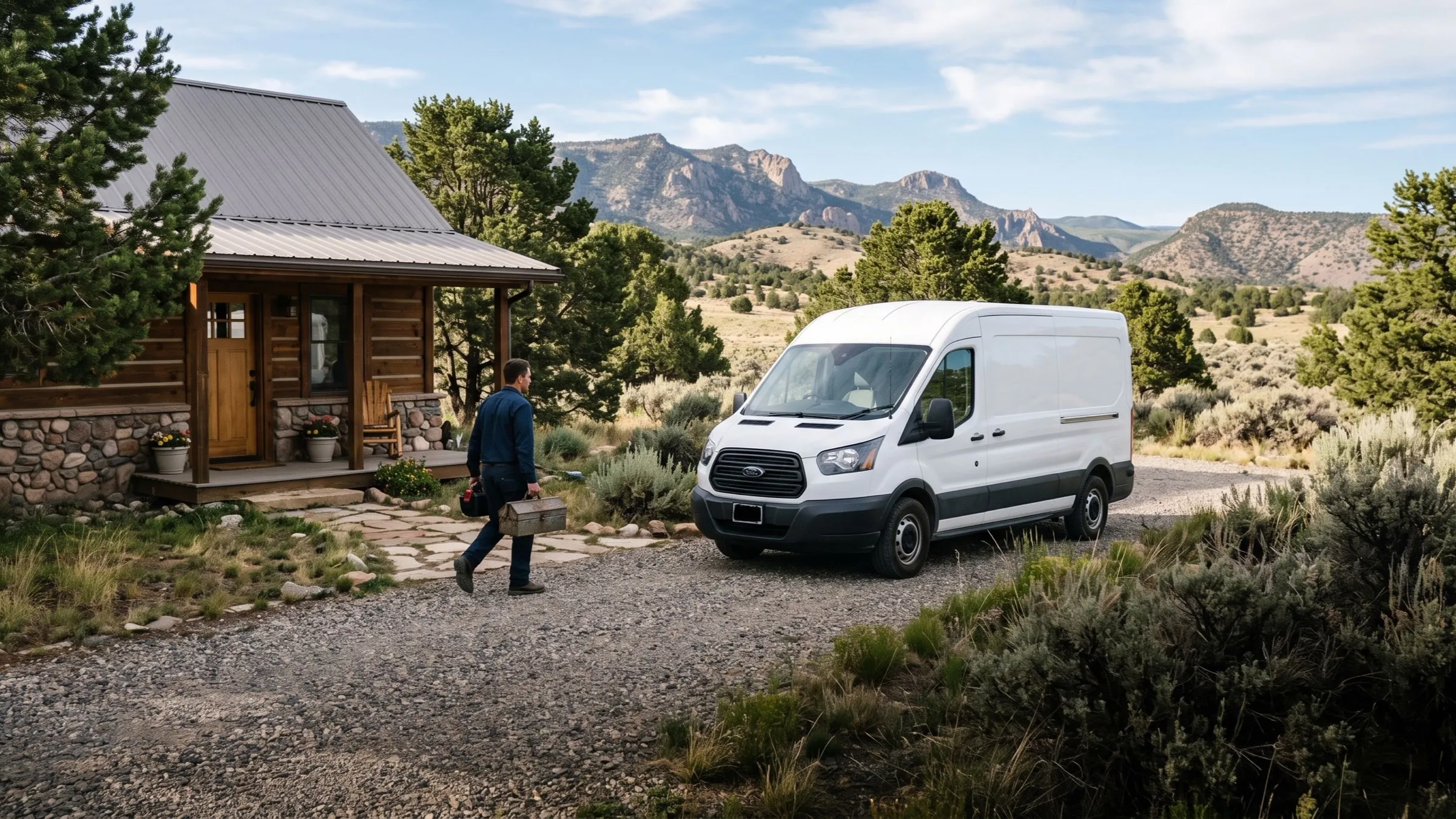 A white plumbing service van parked in the driveway of a ranch house on a clear morning, a plumber carrying a toolbox to the door