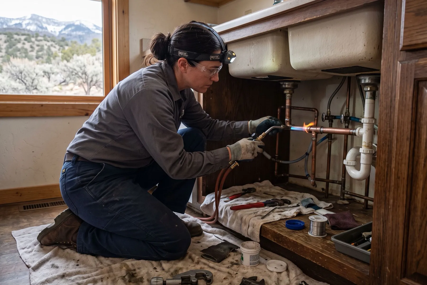 A plumber in a headlamp repairing a split copper pipe under a kitchen sink, towels on the floor