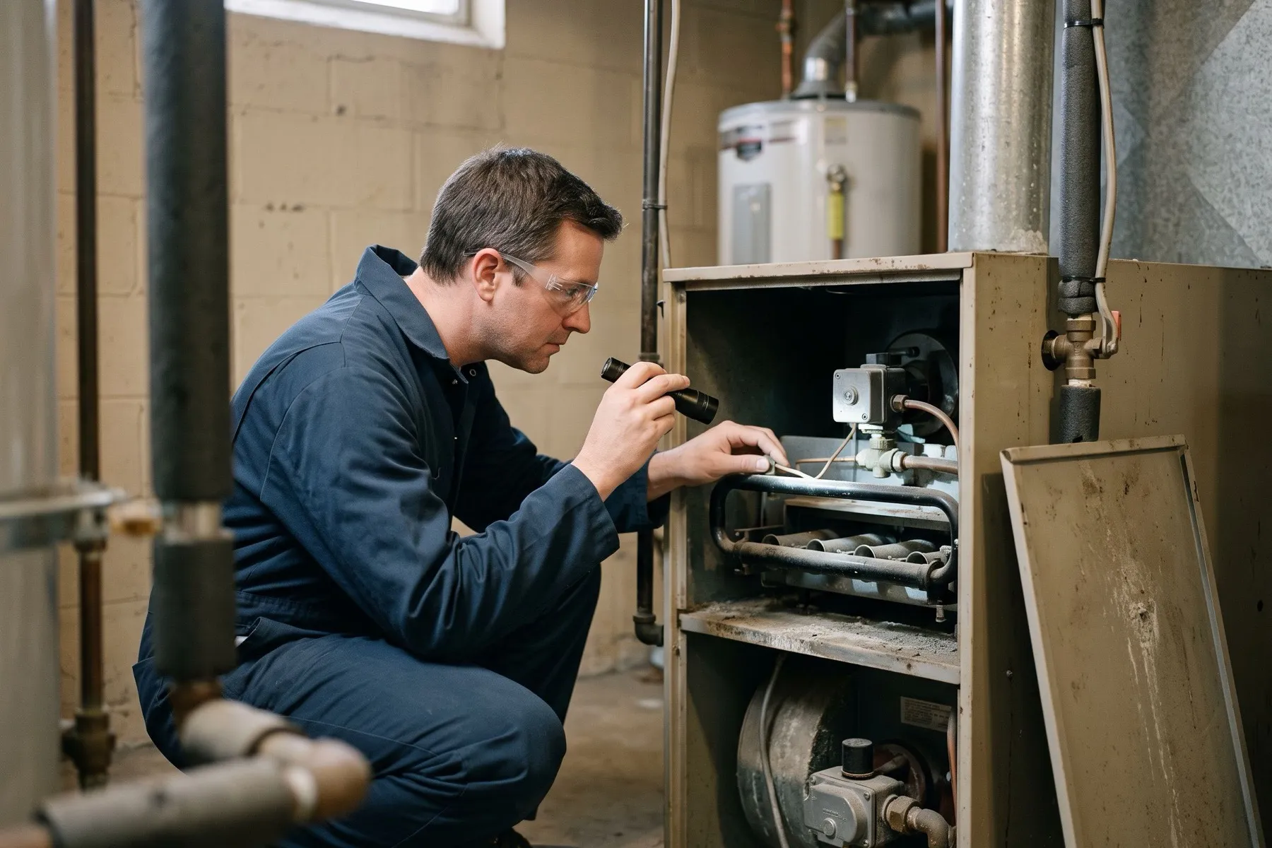 A technician checking the burners of an open gas furnace with a flashlight in a basement