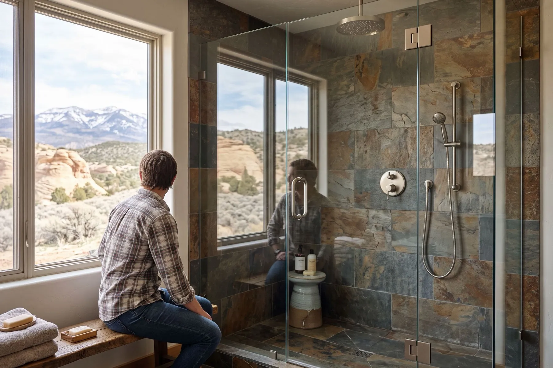 A finished walk-in shower with a glass door, slate tile, and a brushed-nickel rain head