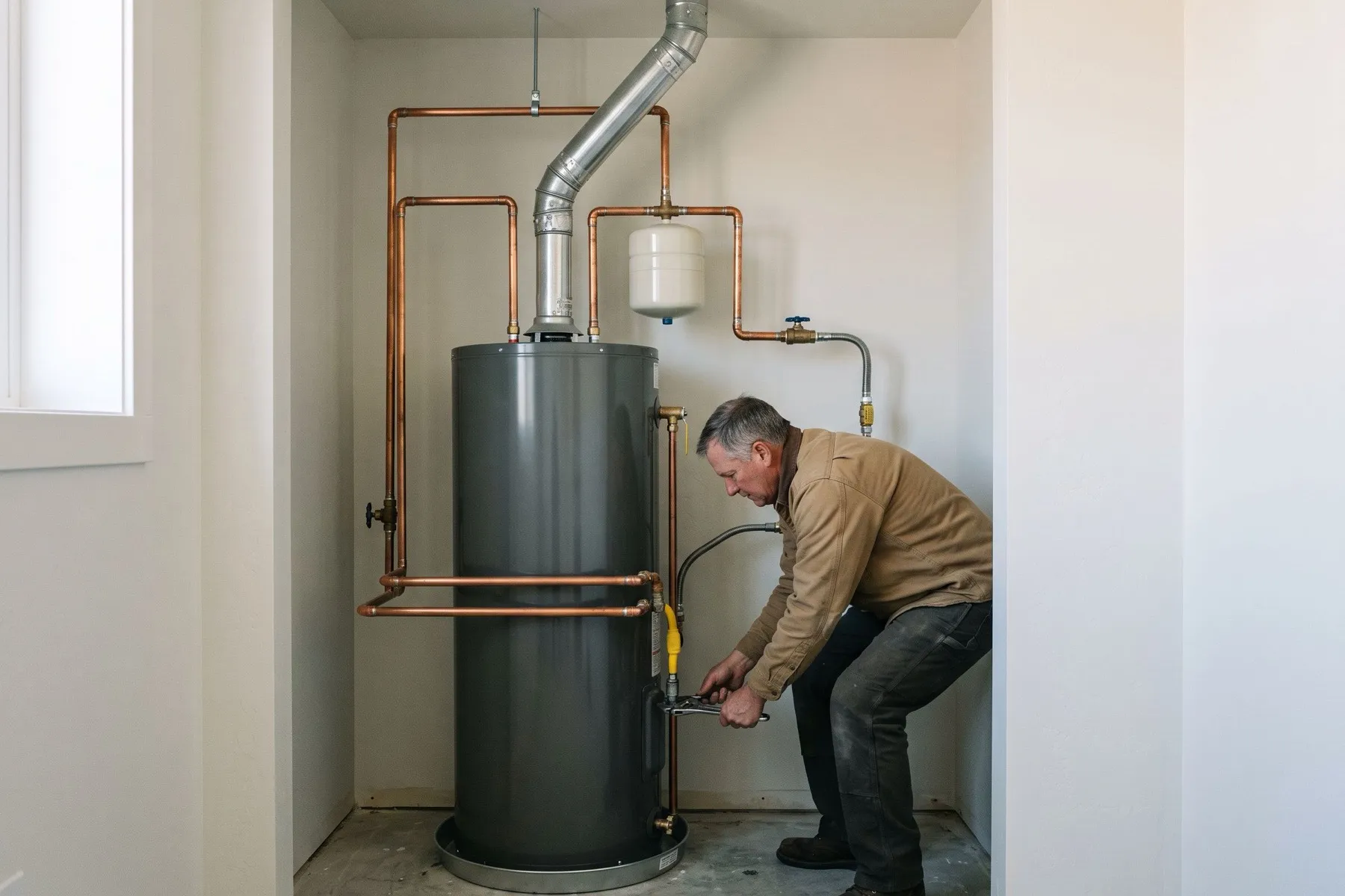 A new tank water heater installed in a clean utility closet, with new copper fittings and an expansion tank